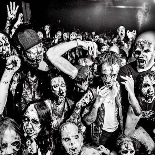 Prompt: zombies at a punk rock concert, highly detailed photo from 1985, black and white