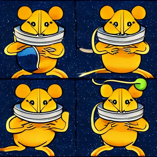 Image similar to a four panel illustration of four identical mice rotating in space with a black background