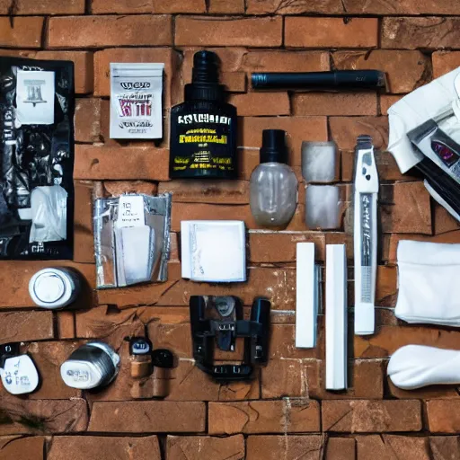 Image similar to Knolling of an effective survival kit for the zombie apocalypse | flat lay photography | neutral background | shot with a tripod | focal lenght 50.0mm | aperture f/11 | 1/30s shutter speed | ISO100