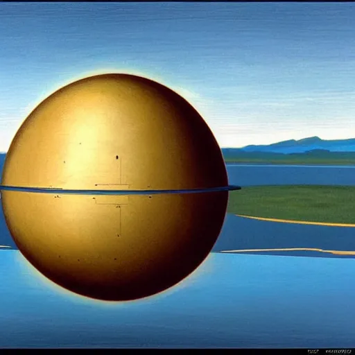 Image similar to a giant metal sphere, addorned with canadian aboriginal patterns!!!!!!!, hovering above a lake in Yukon, Ralph McQuarrie, concept art, dramatic perspective.