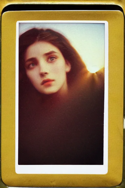 Prompt: vintage polaroid analog photo of a beautiful young woman, lush lips, round eyes, blush, big clouds, sunlight, golden hour, warm azure tones, heavy lensflare, color bleed, film grain, jules bastien - lepage, rudolph belarski, johfra bosschart, alexandre cabanel