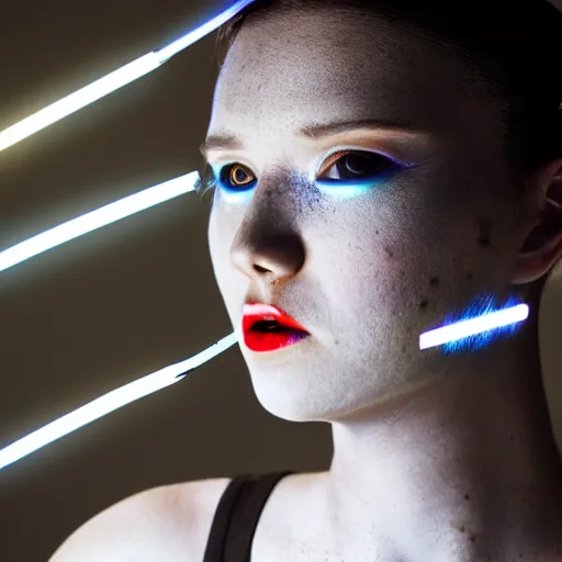 Prompt: a portrait of a female cyborg, fashion, streak lights, ligjt trail, color gel, photogtaphy, canon r 5, wide angle