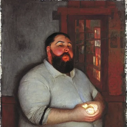 Prompt: portrait of a chubby bearded multi-ethnic young man, collared shirt, graying hair, glowing with silver light, painting by Franz Marc, by Jean-Léon Gérôme, by Winsor McCay, today's featured photograph, 16K