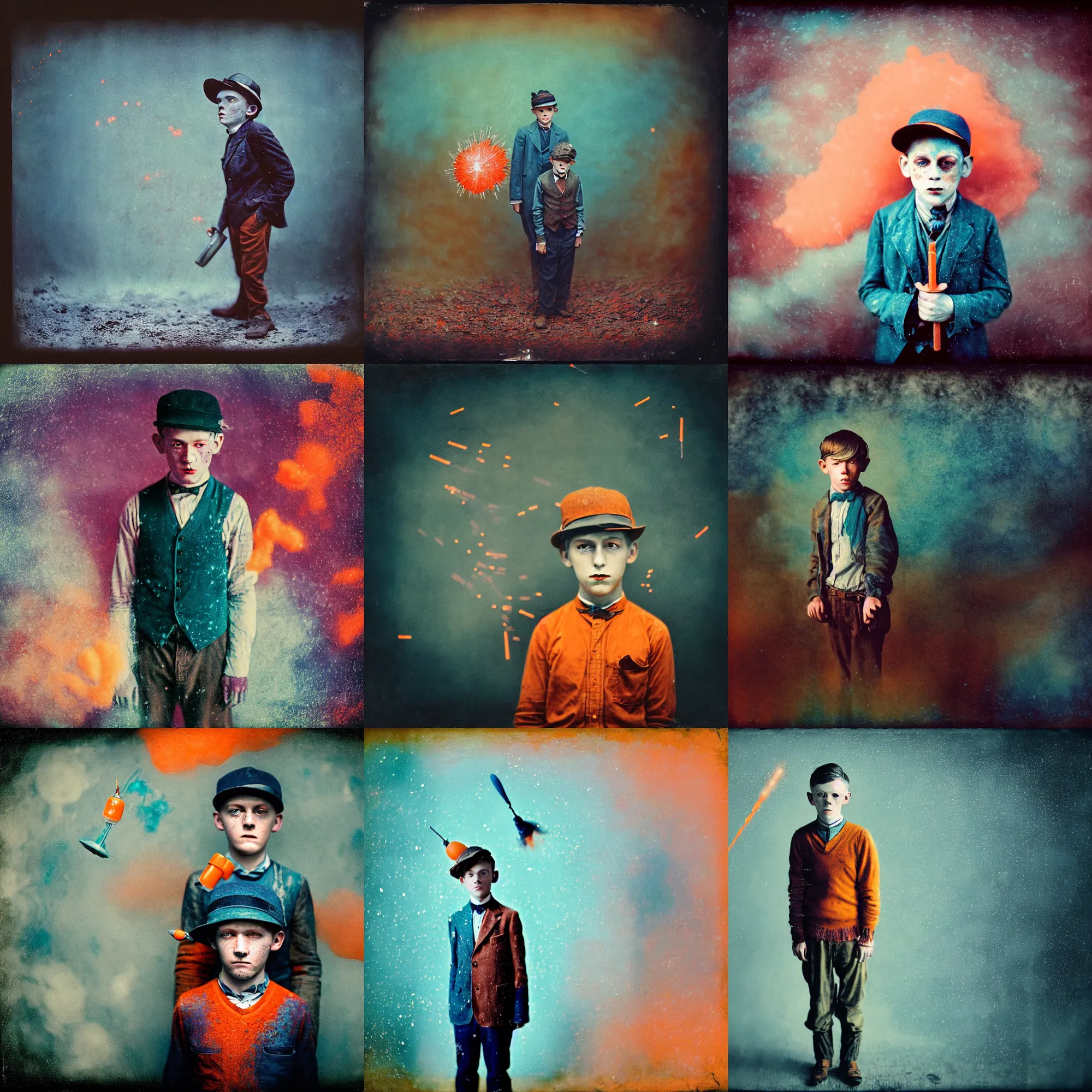 Image similar to kodak portra 4 0 0, wetplate, muted colours, blueberry and orange and teal, handsome 8 year old 1 9 2 0 s boy, the walking dead, 1 9 1 0 s style, motion blur, portrait photo of a backdrop, explosions, rockets, bombs, sparkling, snow, fog, by georges melies and by britt marling