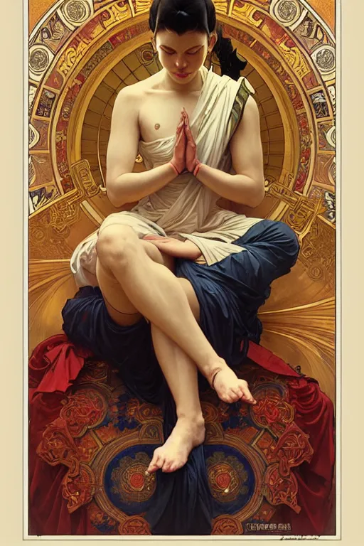 Image similar to buddhism, painting by greg rutkowski, artgerm, j. c. leyendecker, alphonse mucha