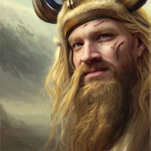 Prompt: an portrait of an happy male viking, long blonde hair, beard, eye scar, lip scar, detailed, centered, digital painting, artstation, concept art, donato giancola, Joseph Christian Leyendecker, WLOP, Boris Vallejo, Breathtaking, 8k resolution, extremely detailed, beautiful, establishing shot, artistic, hyperrealistic, beautiful face, octane render