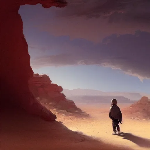 Prompt: a young boy traveling through the desert, painting by Greg Rutkowski, at dawn