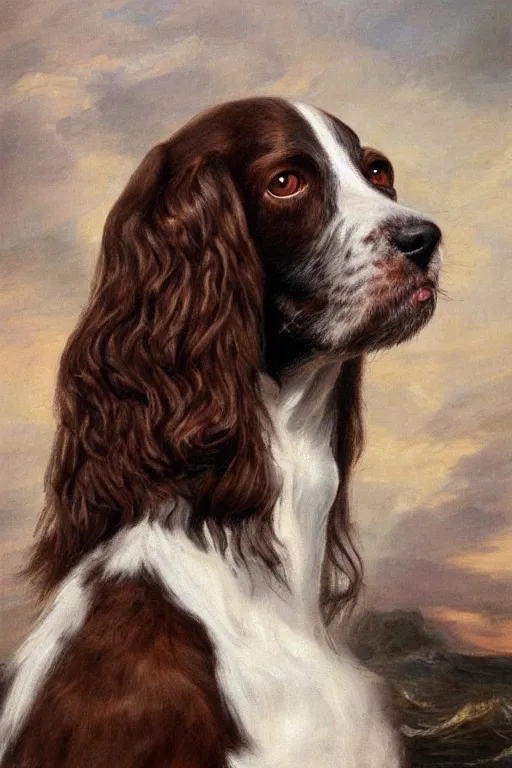 Image similar to a painted portrait of a springer spaniel with brown fur, no white fur, wearing a sea captain's uniform and hat, sea in background, oil painting by thomas gainsborough, elegant, highly detailed, anthro, anthropomorphic dog, epic fantasy art, trending on artstation, photorealistic, photoshop, behance winner