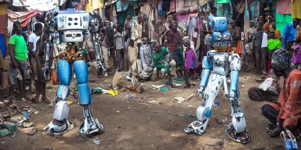 Image similar to mecha robot in Ajegunle slum of Lagos conversing with African Jesus Christ about beauty under a large UFO beaming a neon ray of light,