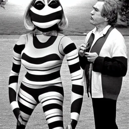 Prompt: 1970 woman on tv show with a long prosthetic snout nose, big nostrils, wearing stripes in the park 1970 color archival footage color film 16mmwith hand puppet Fellini Almodovar John Waters Russ Meyer Doris Wishman