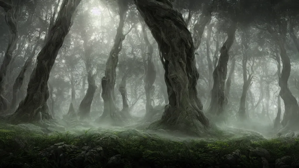 Image similar to A dreamlike grove on an fantastical alien planet, magical energy, fog, cinematic lighting, photorealistic, hyperdetailed 3D matte painting, hyperrealism, hyperrealistic, 8k ultraHD octane render