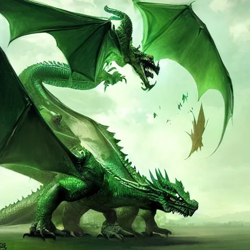 Prompt: A huge green dragon with wings cut off, the ferocious dragon is surrounded by its noxious green gas, digital art by Ruan Jia