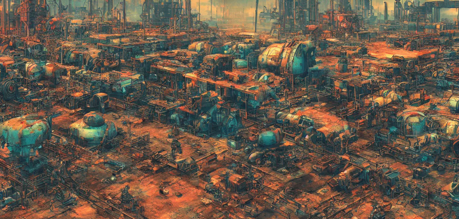 Image similar to industrial robot wasteland, fallout 4, colorful but morbid painting, soft edges