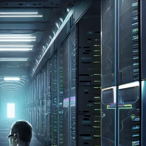 Image similar to professional painting of huge monumental conscious supercomputer with big face answers humankind questions in endless server room, trending on artstation, cyberpunk, sci - fi, futuristic, by greg rutkowski and maciej kuciara, high quality