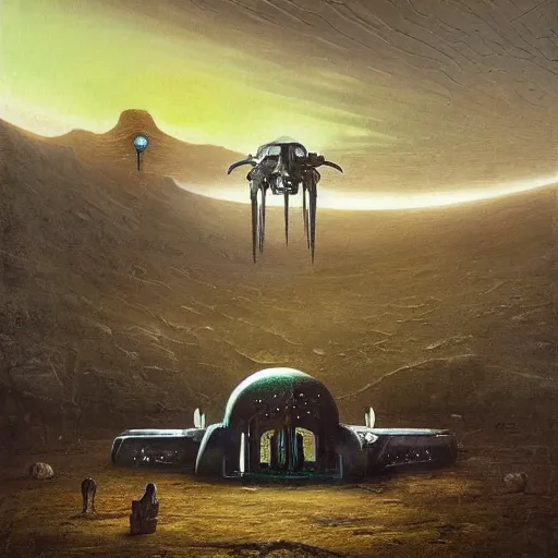Image similar to biblical painting of hr giger artlilery spaceship lands in a country landscape, filigree ornaments, volumetric lights, simon stalenhag