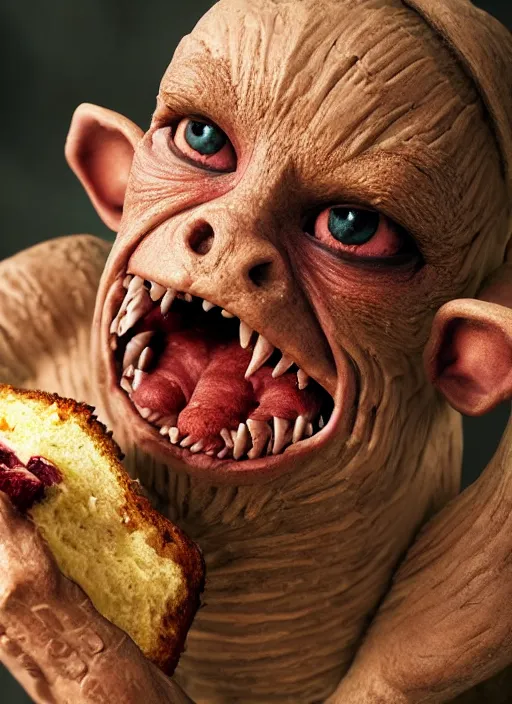 Image similar to closeup portrait of a medieval goblin eating cakes, depth of field, zeiss lens, detailed, symmetrical, centered, fashion photoshoot, by annie leibovitz and steve mccurry, david lazar, jimmy nelsson, breathtaking, 8 k resolution, extremely detailed, beautiful, establishing shot, artistic, hyperrealistic, beautiful face, octane render