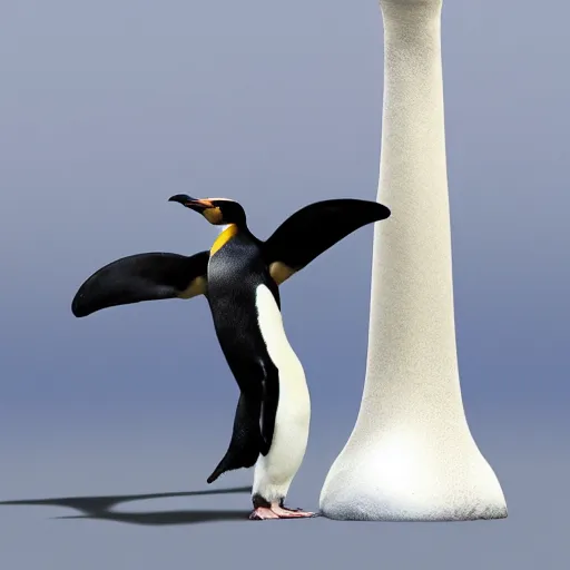 Image similar to a real photograph, full body shot, a hybrid mix between a penguin body, a giraffe neck, hyper detailed, photomanipulation, photoshop, unreal