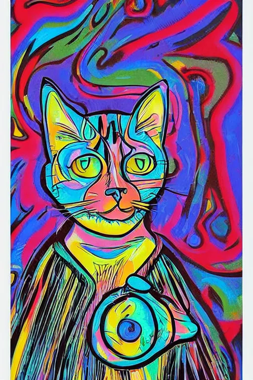 Image similar to cat in a VR helmet, 1969 psychedelic art poster, san francisco, hippie style, screen print poster