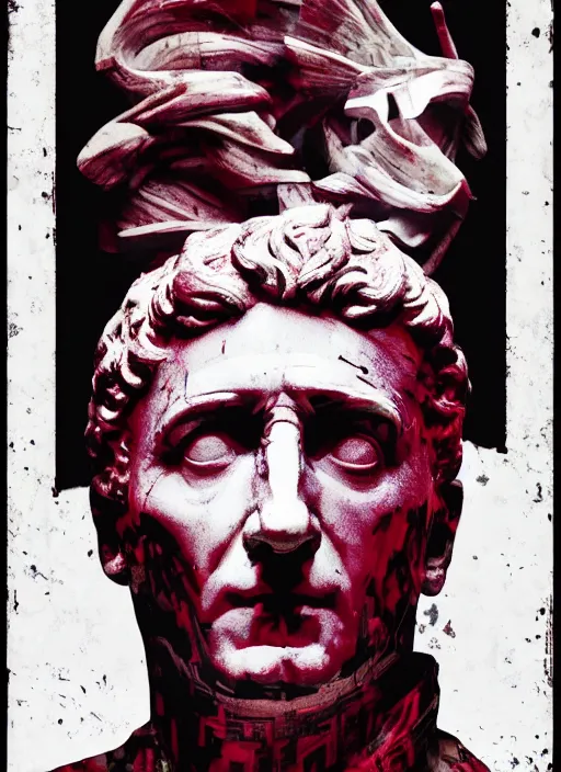 Image similar to design poster showing a statue of julius caesar, black background with very subtle red and purple text and design elements, powerful, nekro, graphic design, collage art, thin lines, dark, glitch art, neo vaporwave, gritty, layout frame, square, trending on artstation