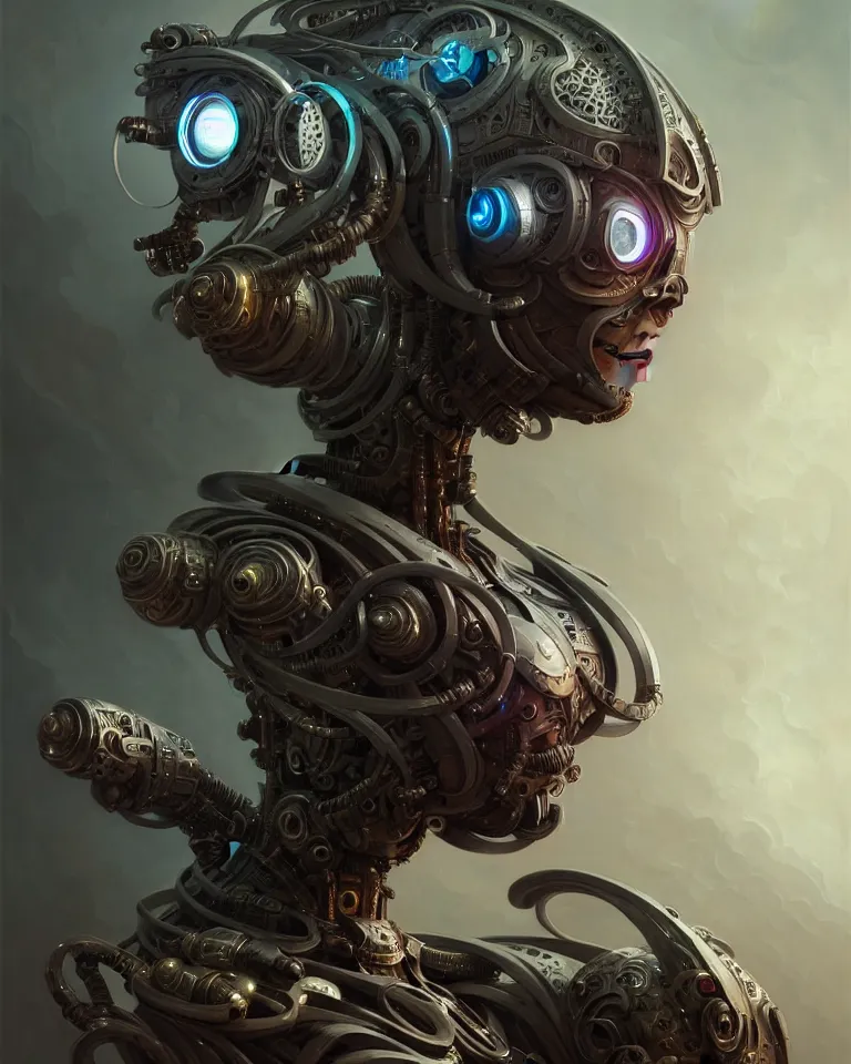 Image similar to low angle shot of a cyberpunk robot character, intricate, elegant, highly detailed, centered, digital painting, artstation, concept art, smooth, sharp focus, illustration, artgerm, tomasz alen kopera, peter mohrbacher, donato giancola, joseph christian leyendecker, wlop, boris vallejo