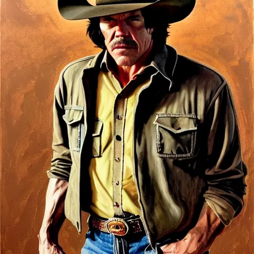 Image similar to portrait of josh brolin as llewelyn moss in no country for old men. 7 0 s cowboy clothes and environment. flat colours. oil painting by lucian freud. path traced, highly detailed, high quality, j. c. leyendecker, drew struzan tomasz alen kopera, peter mohrbacher, donato giancola