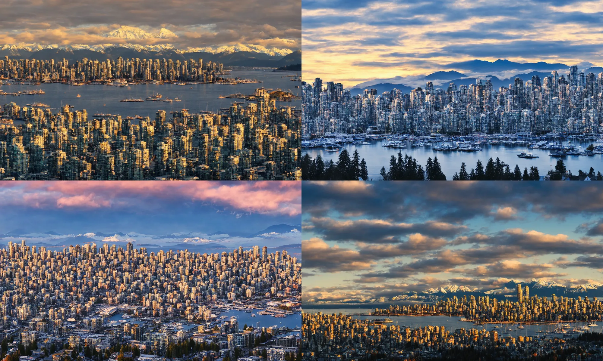 Prompt: Vancouver city, with snowy hills in the background, photograph, photorealism, atmospheric light, clouds, sunset time