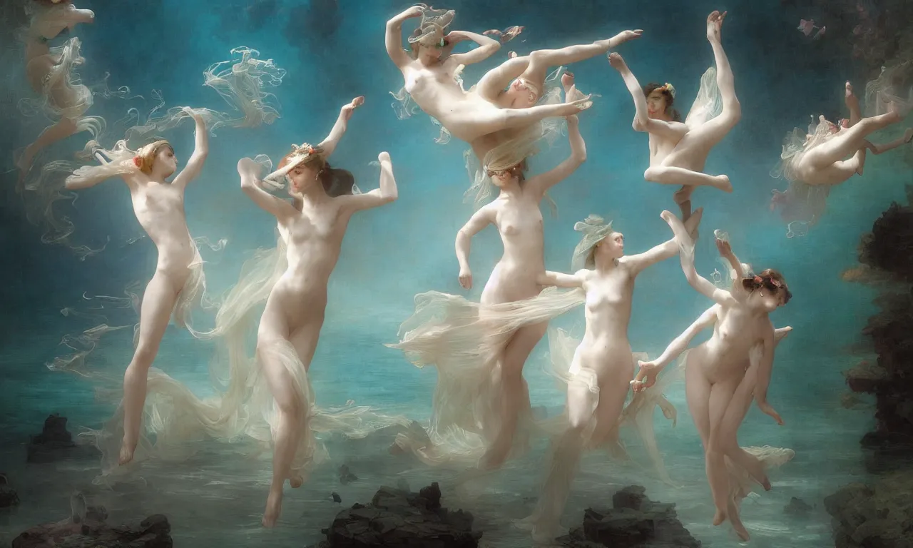 Prompt: a luminous springtime fairytale of beautiful realistic women dancing with silk veils among sea creatures in the romantic underwater baroque kingdom of Neptune. Neon light, masterpiece 4k digital illustration by Ruan Jia and Mandy Jurgens and William-Adolphe Bouguereau, award winning, Artstation, Gustave Dore' background, intricate details, realistic, panoramic view, volumetric lighting, sun rays beaming, Hyperdetailed, 8k resolution, golden hour, intricate art nouveau, smooth, sharp focus, rendered in Unreal Engine 3