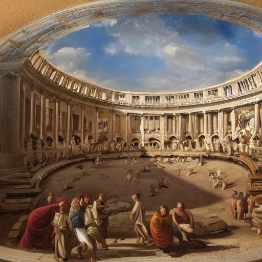 Image similar to a marble coliseum filled with roman people, oil painting,