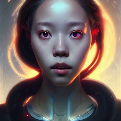 Prompt: portrait painting of a cyborg chuu from loona smiling, ultra realistic, concept art, intricate details, eerie, highly detailed, photorealistic, octane render, 8 k, unreal engine. art by artgerm and greg rutkowski and magali villeneuve and alphonse mucha