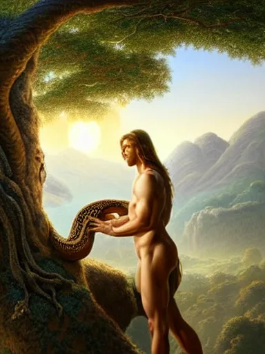 Prompt: adam and eve under the forbiden tree. an angel and a serpent looking at them. the sun and mountains on the background. intricate, elegant, highly detailed, digital painting, artstation, concept art, sharp focus, illustration, by justin gerard and artgerm, 8 k