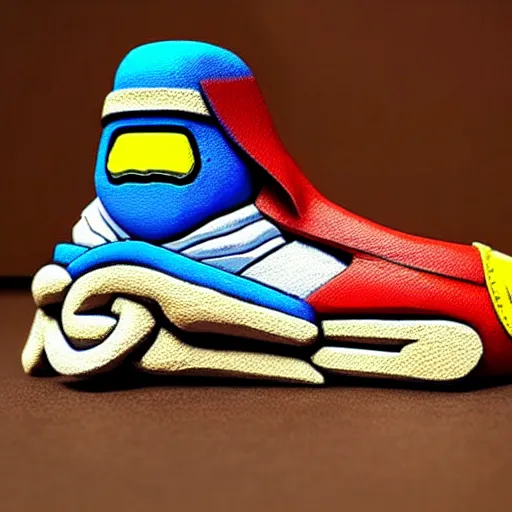 Image similar to realistic scultpure of sneaker! design, sneaker design overwatch fantasy style mixed with aztec mayan native street fashion, focus on sneakers only, shoes designed by akira toriyama and studio ghibli