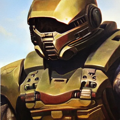 Image similar to ultra realistic portrait painting of zion williams as master chief, art by frank frazetta, 4 k, ultra realistic, highly detailed, epic lighting