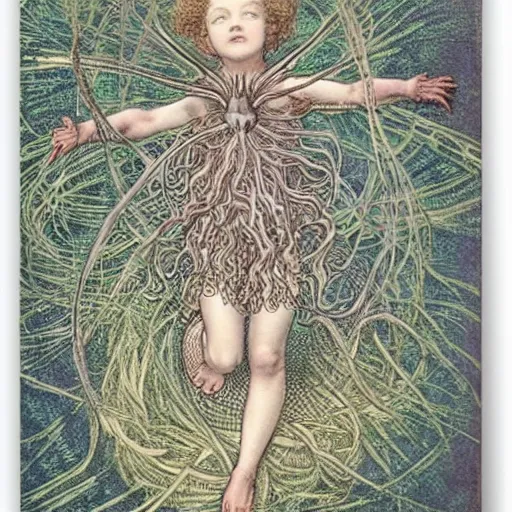 Image similar to a girl with a spider, colored woodcut, flat pastel colors, by Mackintosh, art noveau, by Ernst Haeckel, by Gustave Dorè