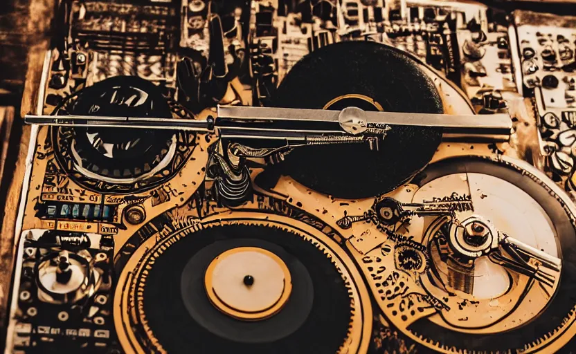 Image similar to a person doing turntablism dj scratching on a retro steampunk clockwork mixing board and record player, intricate carved wood, planetary gears, complex contraption, wearing old school headphones and visor, cinematix, imax, sharp focus, hyper detail