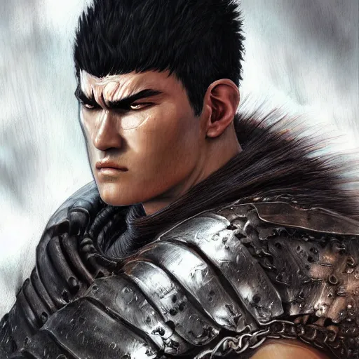 Image similar to realistic portrait of guts from berserk extremely detailed, made by wlop and maxwell boas