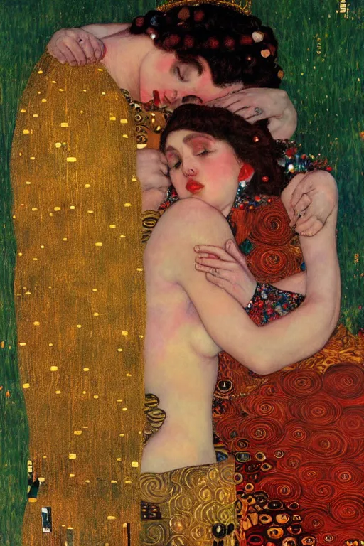 Prompt: two beautiful young goddess, red lighting, kiss, highly detailed, artstation, illustration, art by Gustav Klimt