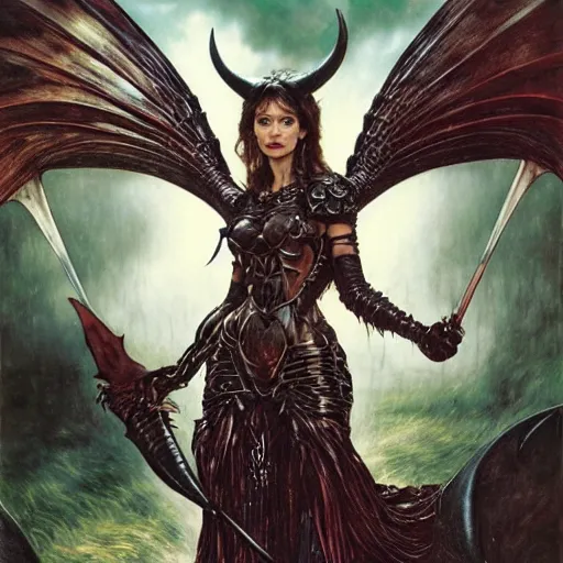 Image similar to head and shoulders portrait of an armored erinyes devil with huge bat wings, portrayed by olga kurylenko, d & d, fantasy, luis royo, magali villeneuve, donato giancola, wlop, krenz cushart, hans zatka, klimt, alphonse mucha