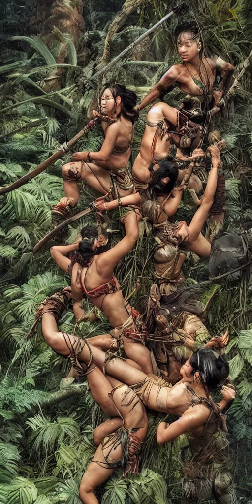 Prompt: editorial photo of brutal battle in layered jungle, Asian samurais and Amazonian females climbing onto another and fight, epic,three point perspective, vintage, blood, slight inspiration of Boris vallejo and apocalypto, war photography