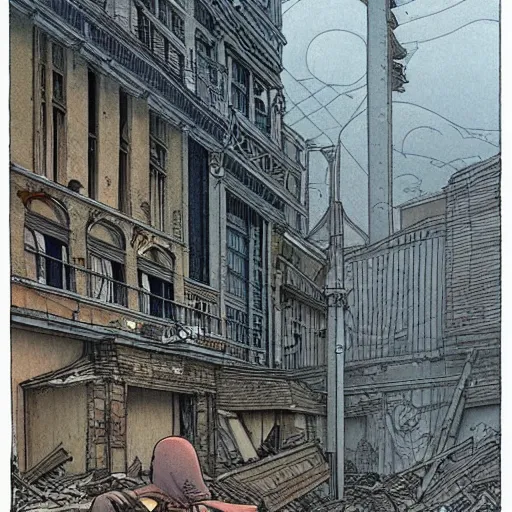 Image similar to crumbling society, dilapidated buildings, overcast skies, muted colors, drawn by moebius