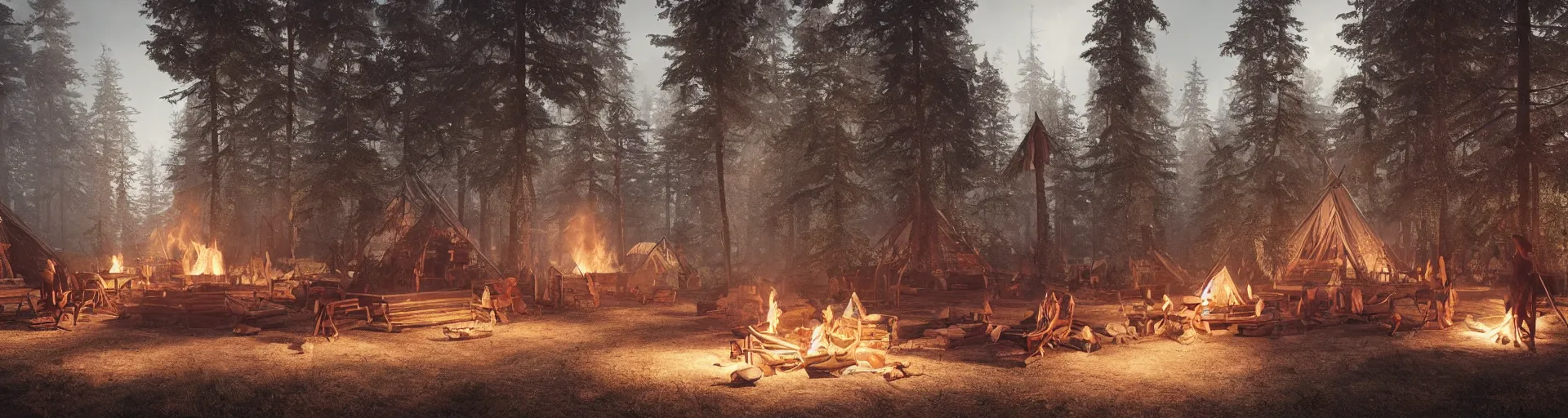 Image similar to longhouse, campfire, teepee, very detailed, octane render, realistic, 8 k, unreal engine 5, dramatic, volumetric, mountain, morning, greg rutkowski