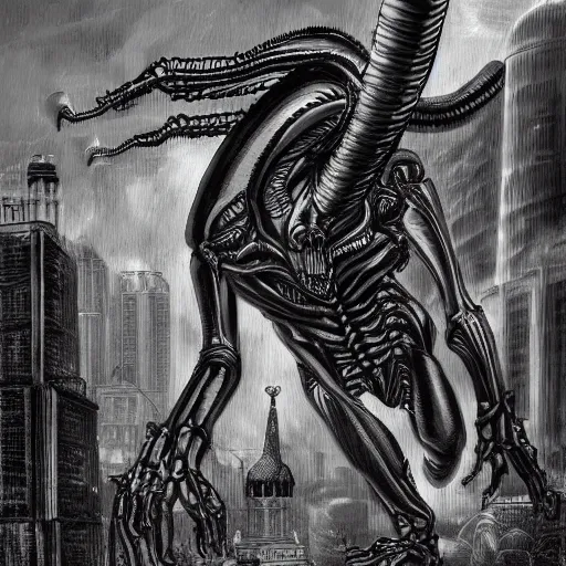 Prompt: Xenomorphs taking over Moscow by Kentaro Miura