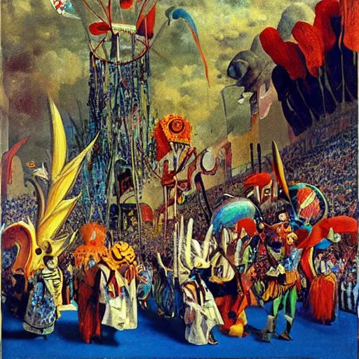 Prompt: feverish allucinations on a carnival parade by dali