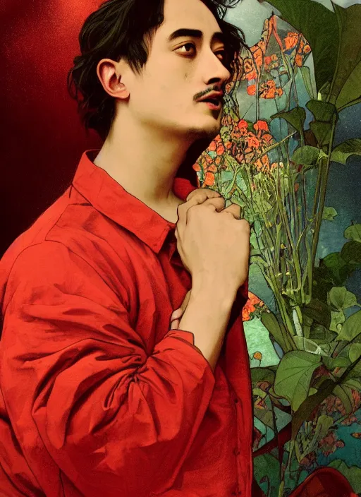 Prompt: Filthy Frank wearing red luxuruous hawaiian vintage shirt, rule of thirds, accurately portrayed, portrait art by alphonse mucha and greg rutkowski, highly detailed, digital painting, concept art, illustration, ethereal lighting with twilight rays of sunlight, trending on artstation, very detailed, smooth, sharp focus, octane render, close up