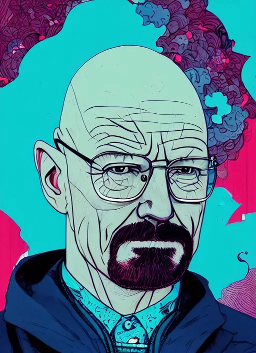 Prompt: beautiful illustration of walter white, in the style of james jean and victo ngai and sam guay and moebius and sam spratt, vibrant moody colors, comic cover art, trending on artstation