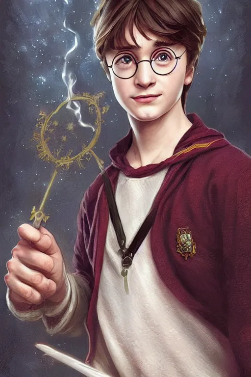 Image similar to beautiful cottagecore young harry potter holding a magicwand. intricate, elegant. highly detailed, digital painting, artstation, concept art, smooth, sharp, focus, illustration. . art by artgerm and greg rutkowski and alphonse mucha