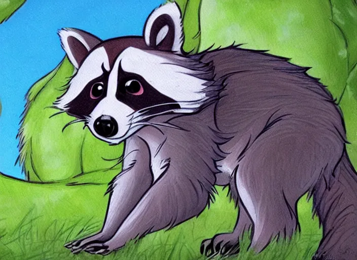 Image similar to lovely raccoon in the style of don bluth, beautiful artwork, shading, high quality disney model sheet detailed