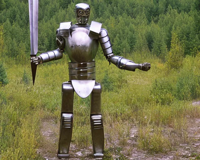 Image similar to middle shot, ancient greek robot warrior standing in front of altai forest with a sword, circa 1 9 8 4, detailed photo