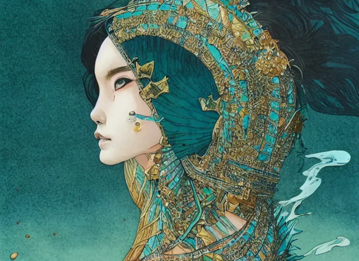 Image similar to lee jin - eun in luxurious dress emerging from turquoise water in egyptian pyramid city during an eclipse by takato yamamoto, nicola samuri, conrad roset, m. k. kaluta, martine johanna, rule of thirds, elegant look, beautiful, chic, face anatomy, cute complexion