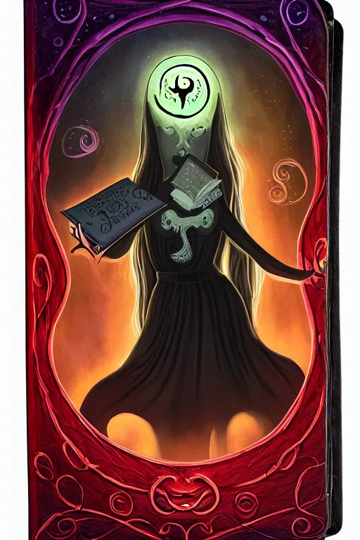 Image similar to romantic illustration of bright girl, her cat and her book of necronomicon, symmetrical, cinematic, sharp focus, 4 k, ultra hd, sense of awe, sinister demonic atmosphere, dreadful, forbidden knowledge, old gods, cthulhu, yog - sothoth! yah, yah, yah! cultist journal cover