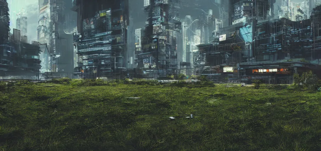 Prompt: a cyberpunk building by a river in a grassy landscape, abandoned, overgrown, hdr artstation, deviantart 4 k realistic